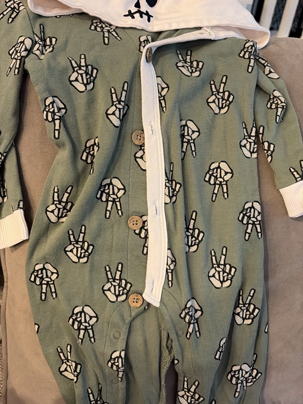 wonder nation Olive Green Peace Hand Print Footed One-Piece